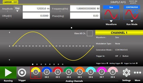 Simple Rider AFG function generator interface showing amplitude, frequency, and waveform selection