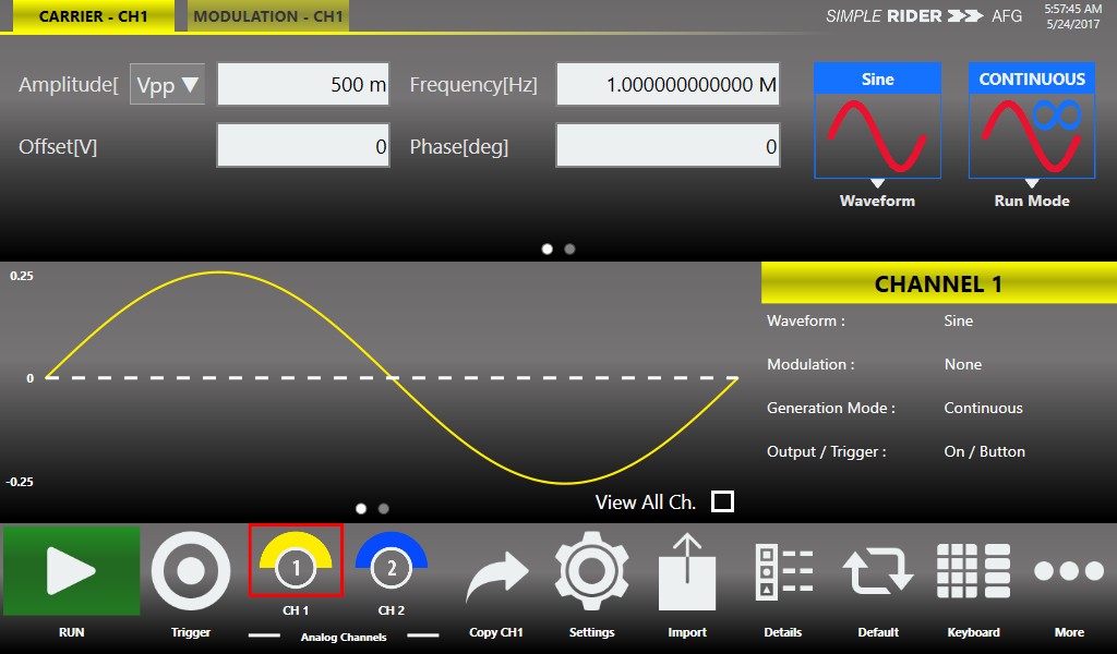 Simple Rider True Arb carrier and modulation interface with sine waveform