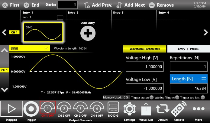 Simple Rider True Arb waveform sequencer with sequence entries and repetition control