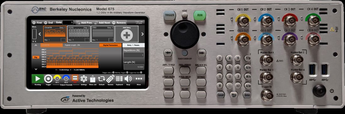 Model 675 front panel with eight channel BNC outputs, touchscreen, and control keypad