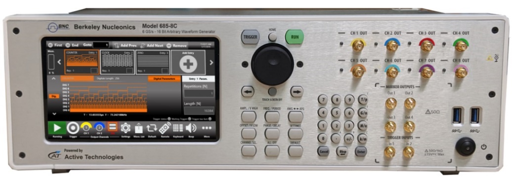 Model 685-8C front panel with touchscreen and channel outputs