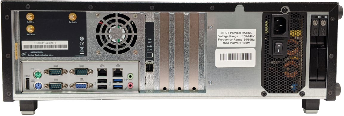 Model 685 rear panel with reference clock, sync, digital out, and power connectors