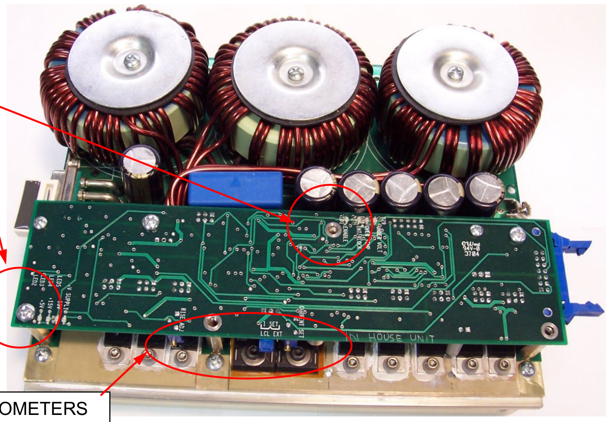 PCO-6131 logic board photo showing the LEDs at top and the control potentiometers and jumper at bottom