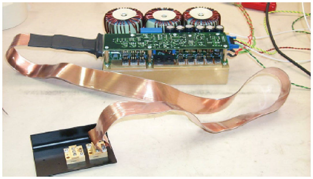 Photo of the PCO-6141 test setup, with the driver module connected through a stripline to a laser diode fixture