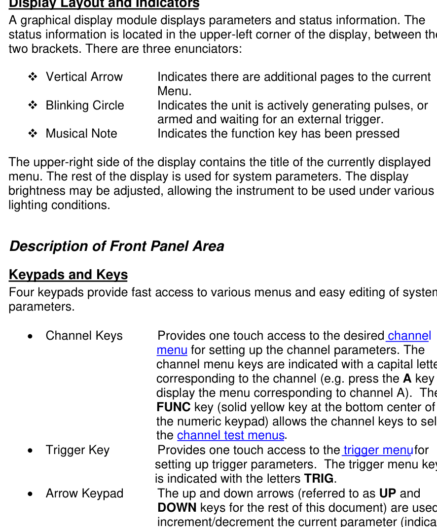 Front panel navigation and menu pages