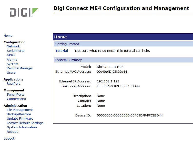 Digi Connect ME configuration home page.