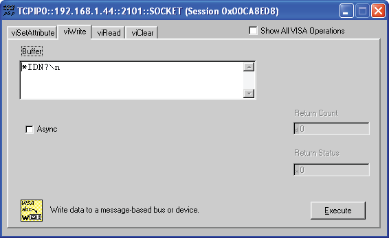 VISA Interactive Control: Write tab.
