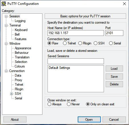 PuTTY connection settings.