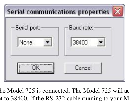Serial Communications Properties screen for selecting the Com port and baud rate