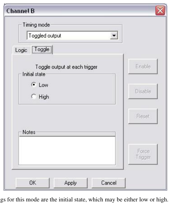 Toggled Output mode properties with initial state selection