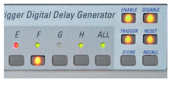 Front panel with the F channel button pressed and the four function buttons lit yellow