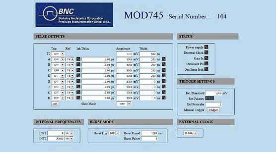 Model 745T software control panel listing per-channel trigger, reference, delay, amplitude, and width settings