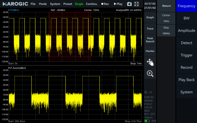 SpecICX-gen3 screenshot: Power Detection Analysis mode in SpecICX-gen3.