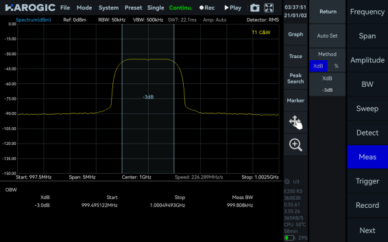 SpecICX-gen3 screenshot: OBW (Occupied Bandwidth).