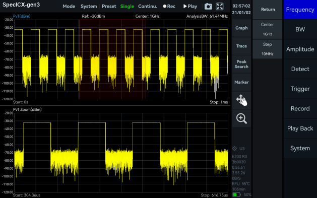 SpecICX-gen3 screenshot: Power Detection Analysis mode