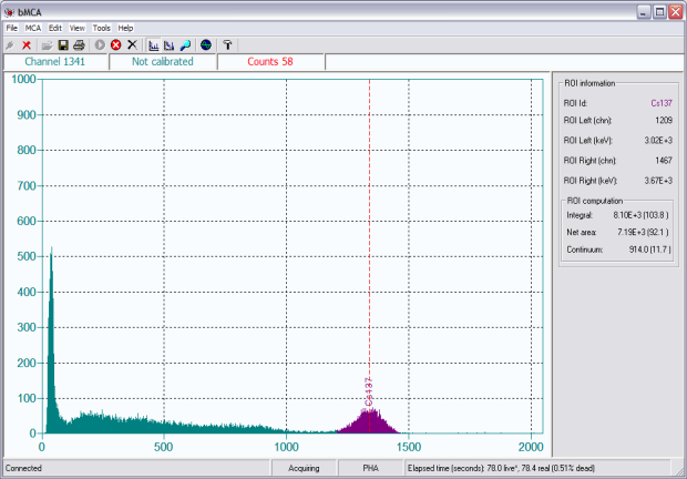 bMCA-Ethernet acquisition software screenshot showing energy spectrum